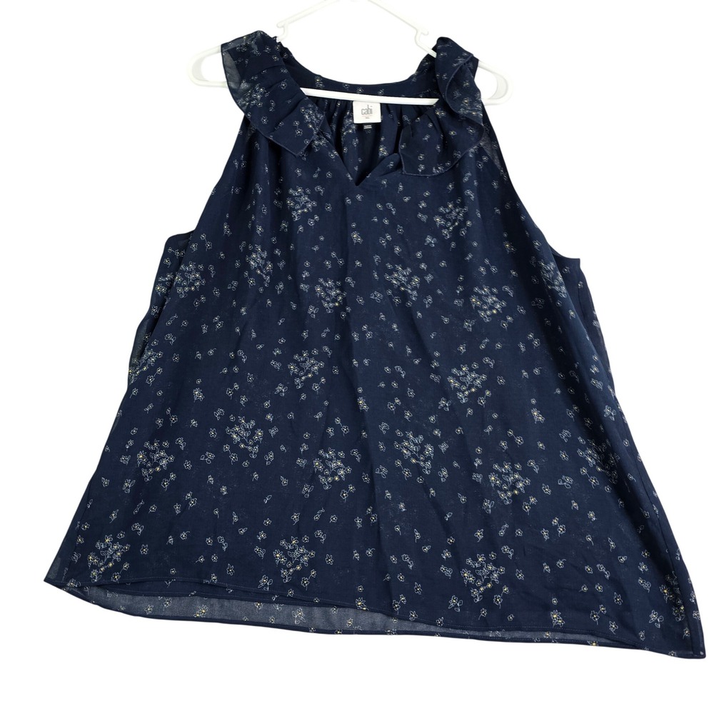 Cabi Sleeveless Blouse Women XL Navy Blue Floral Ruffle V-Neck Chiffon Cottage
